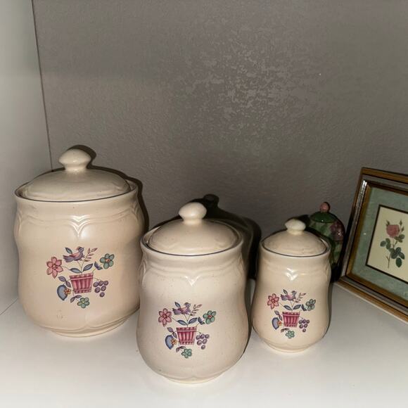 International China Stoneware Canister Set | 3-Piece Floral Bird Kitchen Decor - Picture 2 of 11